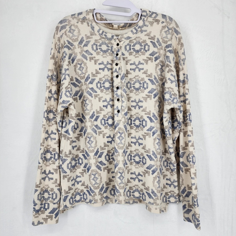 Lucky Brand Waffle Knit Thermal Henley Shirt Large L Cream Blue Aztec Print